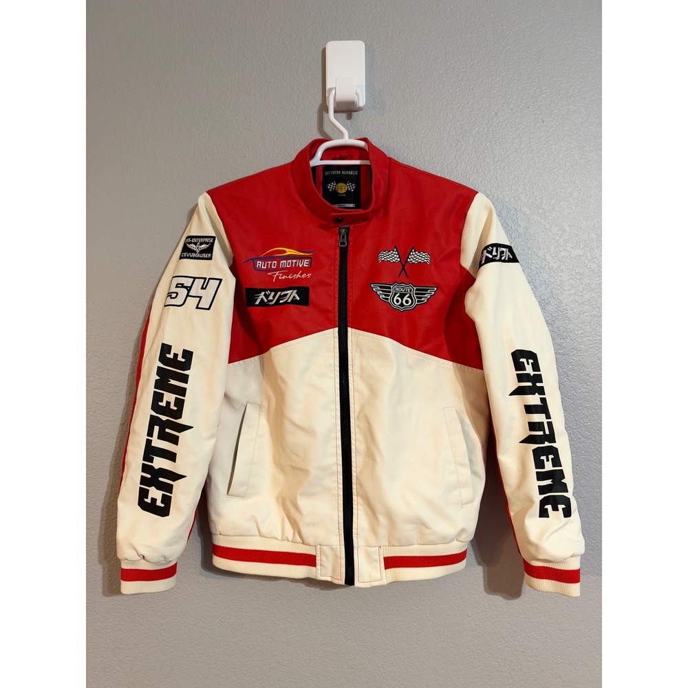 Refinery Republic Mens Red Cream Faux Leather Tokyo Racing Moto Jacket Small